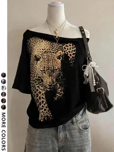 Women's Loose Fit Short Sleeve Off-Shoulder T-Shirt, Leopard Print Design, Casual Style, Perfect for Outing and Shopping, Y2K Fashion