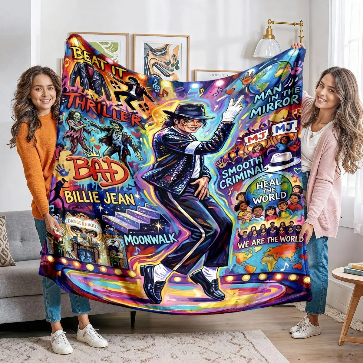 Michael Jackson King of Pop Graffiti Flannel Blanket, Colorful Moonwalk Art Print, Perfect Mj Fan Gift, Retro Music Room Decor, Home Decor Blankets
