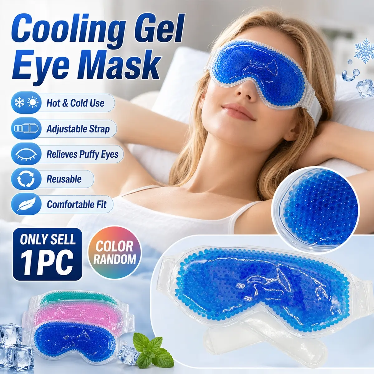 Reusable Cooling Gel Eye Mask, Adjustable Strap Hot & Cold PVC Bead Eye Compress, Soft Sleep Ice Mask for Puffy Eyes, Women and Men, Flexible Beauty Eye Care Cover for Travel, Office, Home Spa, Skincare Routine and Daily Cooling Comfort
