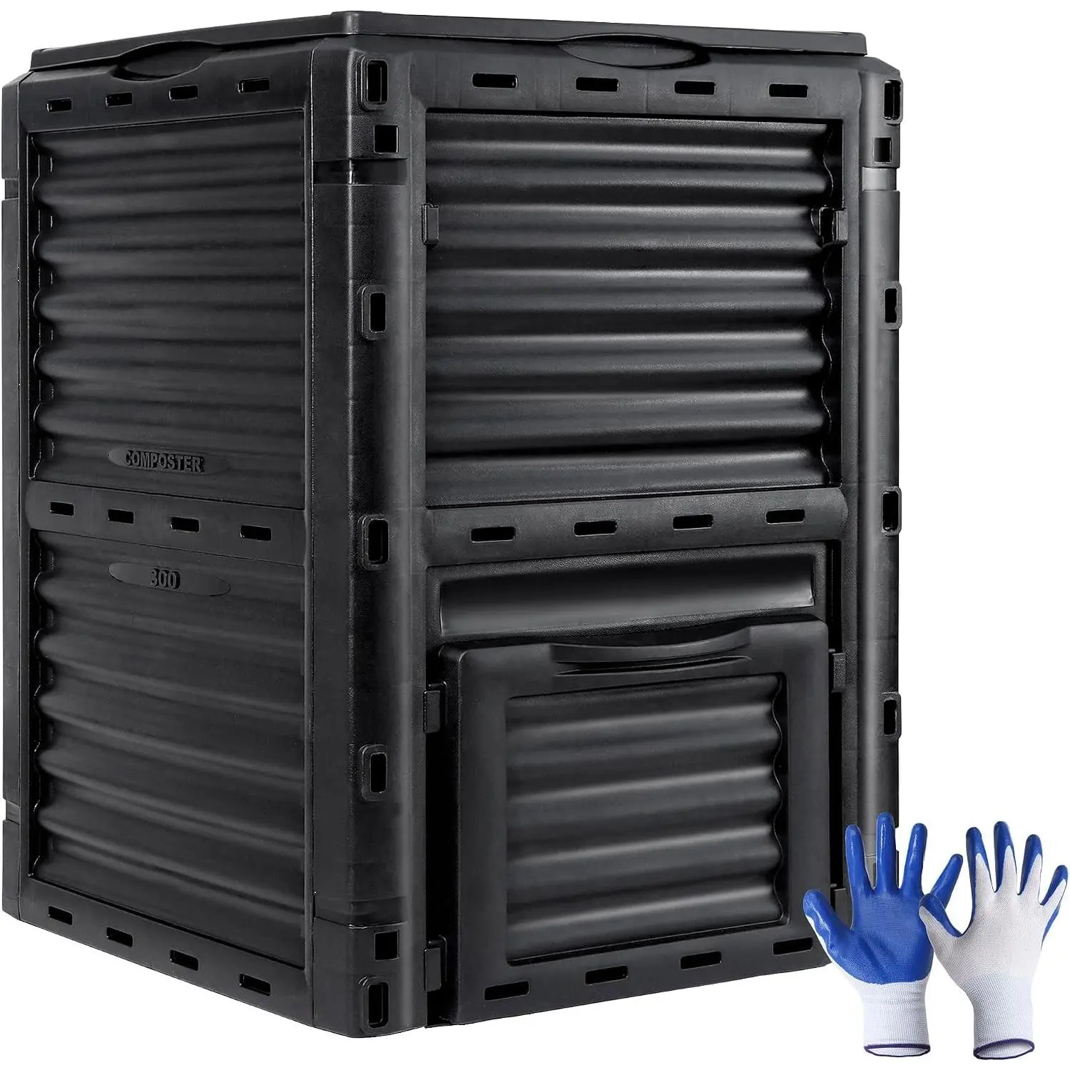 Garden Compost Bin 80 Gallon (300 L) from BPA Free Material, Large Composting Bin Outdoor Composter with Gloves, Easy Assembling, Fast Creation of Fertile Soil, Lightweight, Black