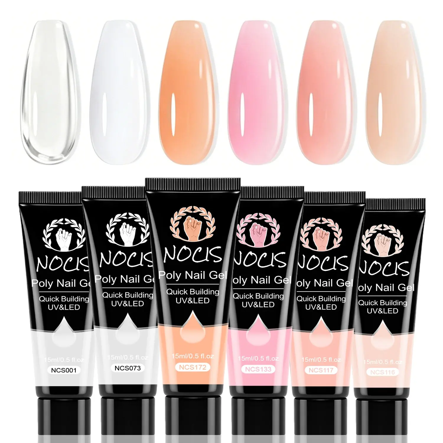 Nocis 6 Color Soft Tube Gel Extension Set, Builder Gel Nail, UV Removable Nail Extension Gel, Transparent, Milk Nude, Peach, Professional Manicure