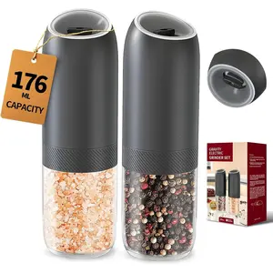 Gravity Electric Salt and Pepper  Set   Automatic Pepper Mill Grinders with 176ml Container, Adjustable Coarseness, Bright LED Light and  Hand , Black