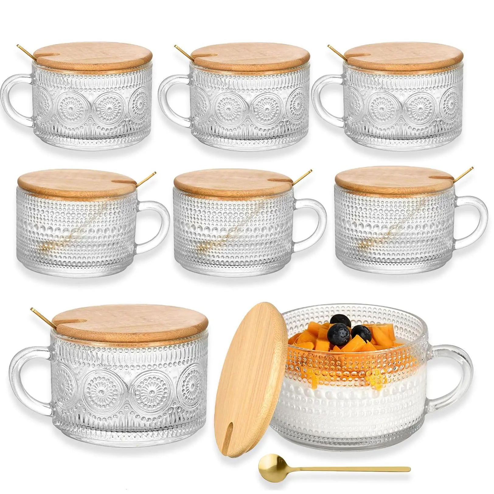 Vintage Embossed Glass Coffee Mugs Set of 8 16Oz Clear Cups with Wooden Lids Multipurpose Drinkware for Cappuccino Latte Cereal Hot Cold Beverages Home Kitchen Decor Holiday Gifts