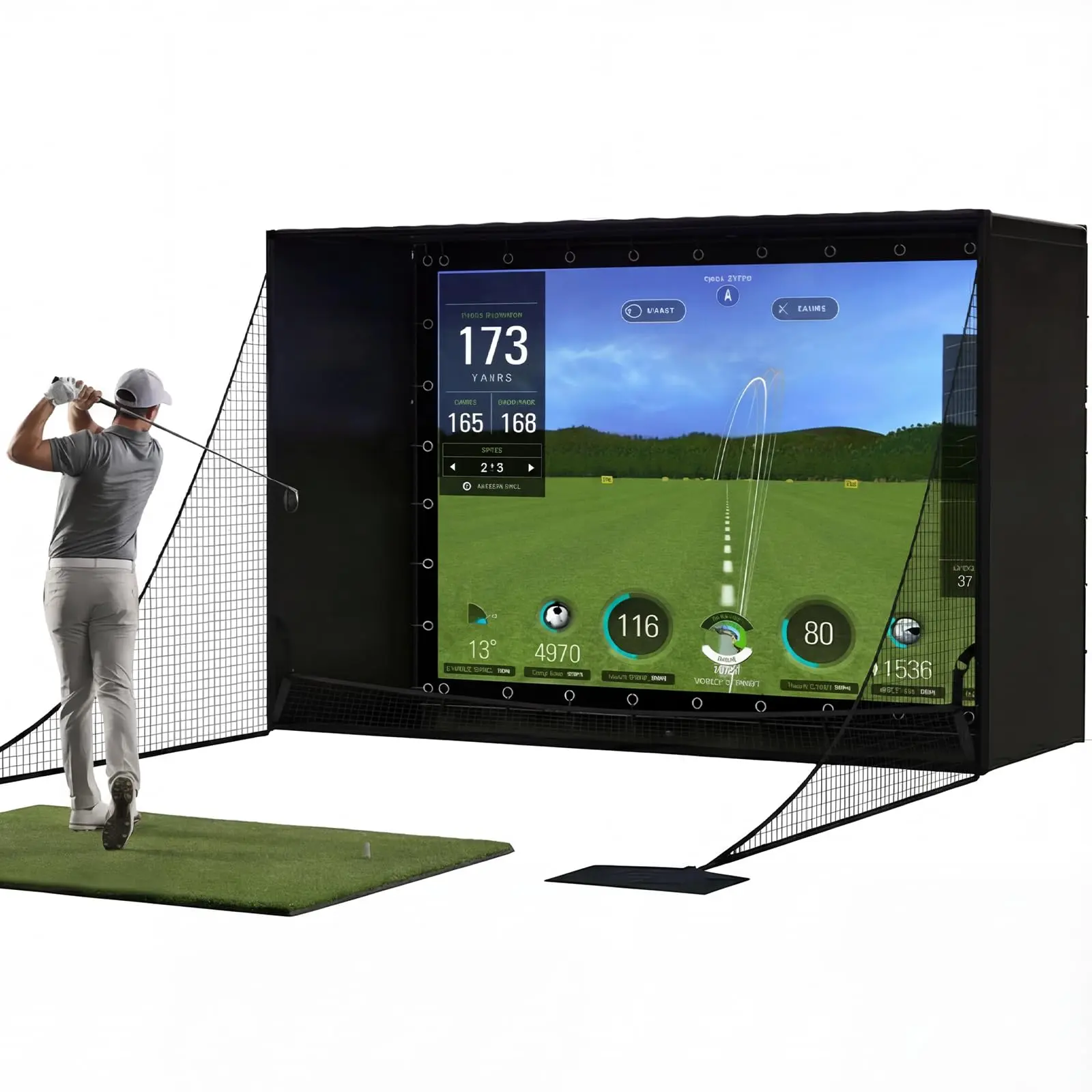 Golf Simulator Enclosure Package - 11 x 8 ft - 4K-Ready Impact Screen - Blackout Practice Cage - Frame Poles, Side Nets & Sandbags - Easy Indoor/Garage Setup
