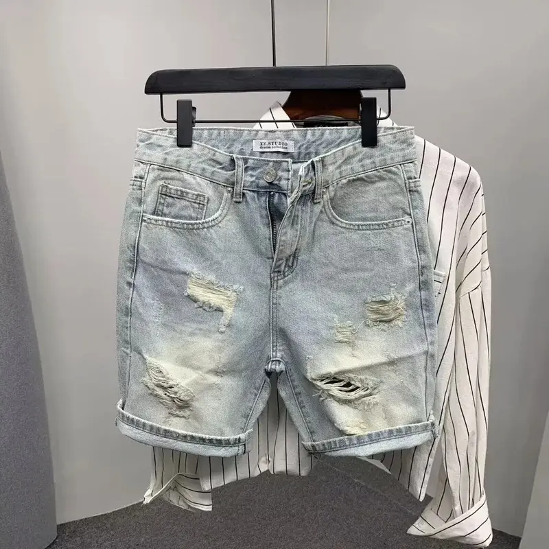 Summer Men's Scratched Broken Denim Shorts Men Fashion Brand Beard Splice Stretch Ripped Short Jeans Pants