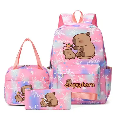 Kawaii Cute Backpack Set - 4pcs Canvas Daypack With Bear Pins & Pendant, Aesthetic School Bag For Girls