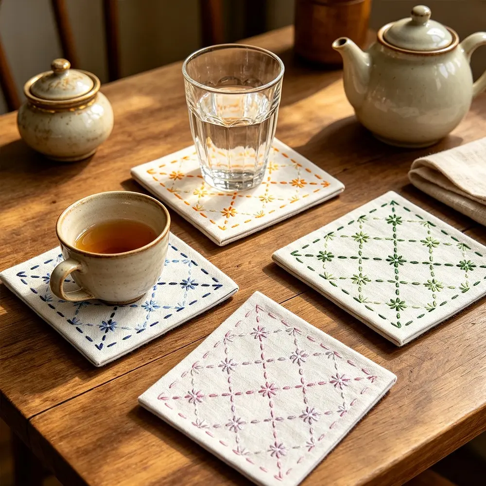 4-Piece Embroidered Square Coaster Set, Beginner-Friendly Fabric Coasters, 3-Layer Thick Design, Unique Home Decor, Table Protector, Cup Mat