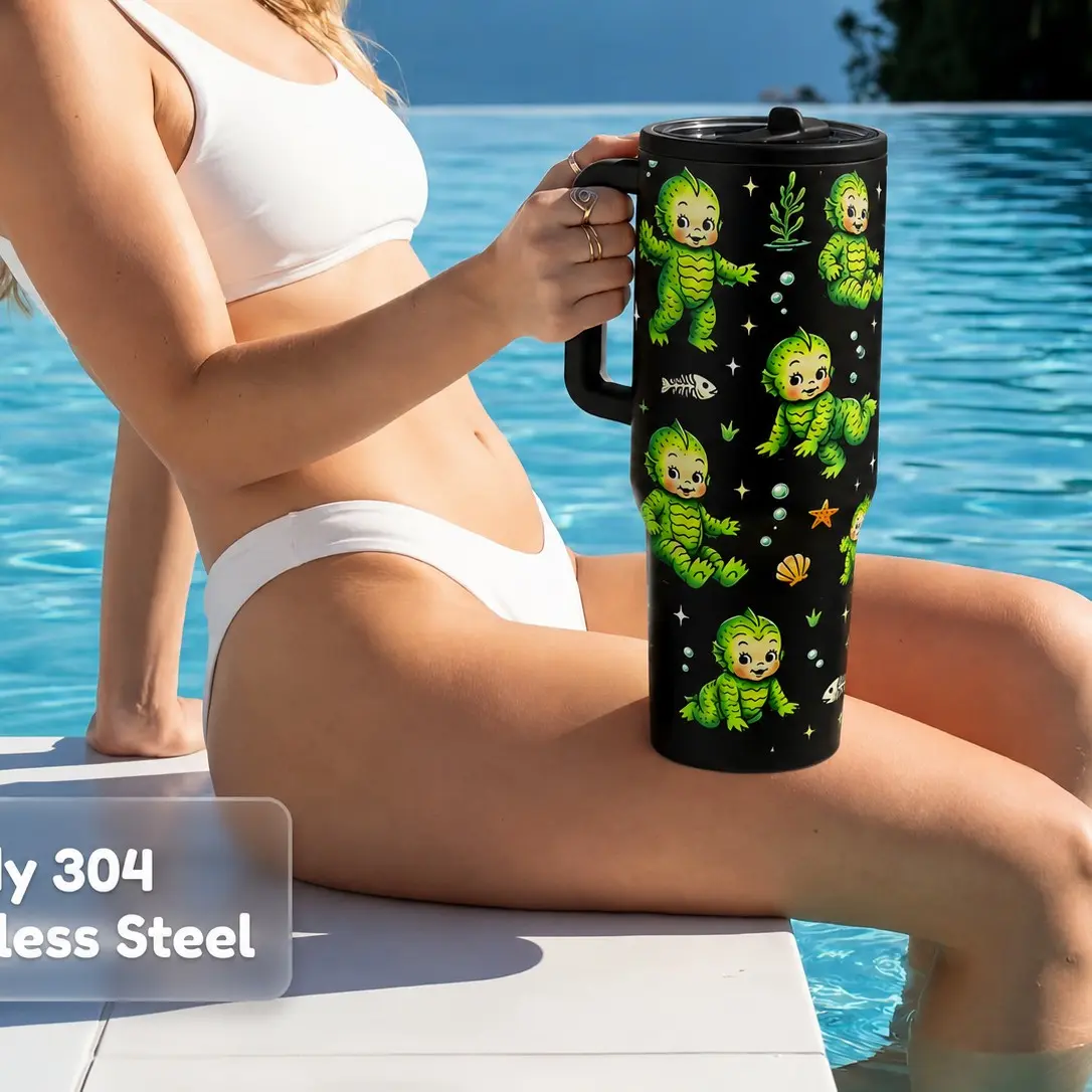 1pcs Vintage Green Sea Creature Kewpie Baby 40oz Tumbler With Handle Lid Straw, Retro Underwater Starfish Seashell Fishbone Print Insulated Stainless Steel Travel Cup, Leakproof Coffee Mug Gift For Retro Art Ocean Lovers Car Office Daily Use, Flasks