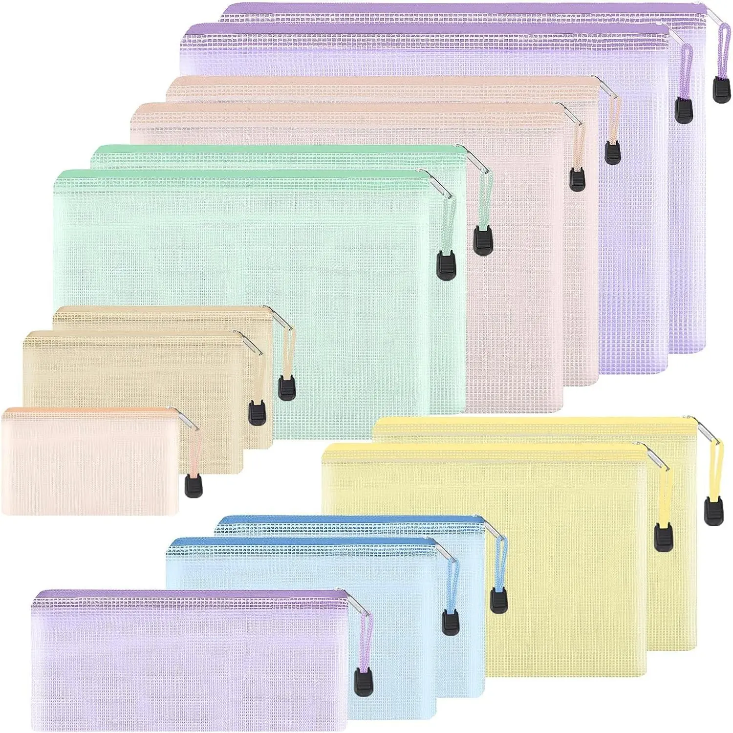 14pcs Mesh Zipper Pouch, 8 Sizes Waterproof Zipper Bags, 7 Colors Waterproof Plastic Document Pouch, Multipurpose for Travel Storage, Office Appliances, Home Organize