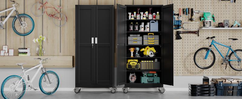 GEITIN 75" Tall Metal Garage Storage Cabinet with Wheels & Locking Doors, 5 Adjustable Shelves, Heavy Duty Steel Tool Cabinet for Garage, Home, Office, Shop