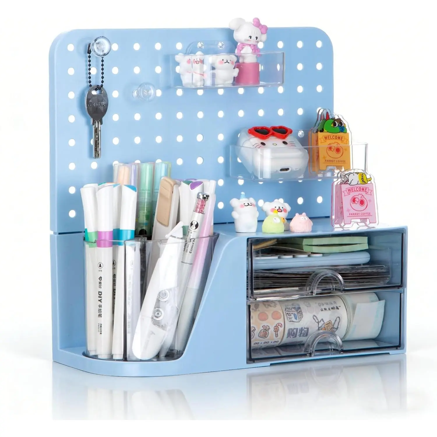 Desk Organizer with 2 Drawer, Blue 360° Rotating Pen Holder for Desk | Desk Organizers and Accessories with 5 Slots Pencil Holder+Pegboard+Drawer, Pen Organizer for  School Art Office Supplies