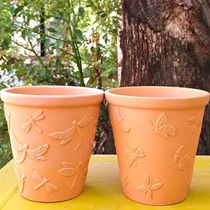 Handmade Terracotta Flower Pots 2 Pack: Butterfly Dragonfly Embossed Designs, Breathable and Water-Absorbent Clay Planters for Indoor and Outdoor Plants