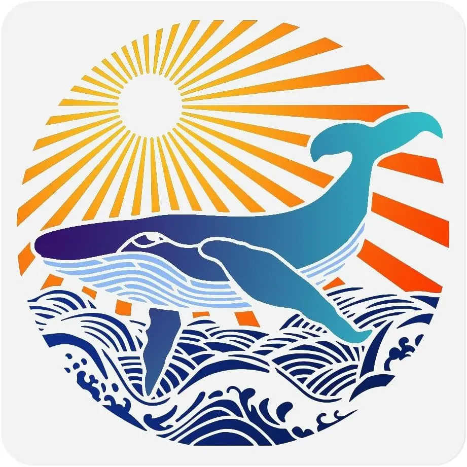 11.8"x11.8" Reusable Ocean Creature Stencil Drawing Template Sunrise DIY Craft Paint Template for Wall Home Decor Wood Burning Card Journal Canvas Fabric