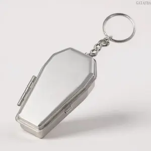 Gothic Coffin Shaped Ashtray Keychain, Portable Mini Cigarette Holder Tin Box with Lid, Spooky Halloween Gift
