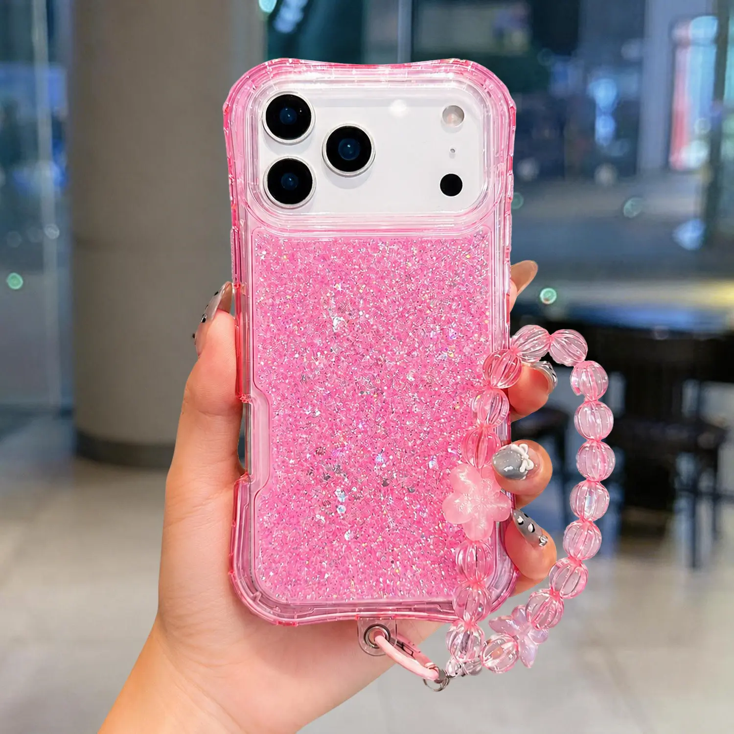 Bling Glitter Case with Wrist Strap for iPhone 17 Pro Max 16 15 14 13 12 11  Flower Beaded Wrist Strap, Aesthetic Sparkly Glitter Beads Bracelet Wrist Lanyard Case Shockproof Protective Cover for Women Girls sohochic
