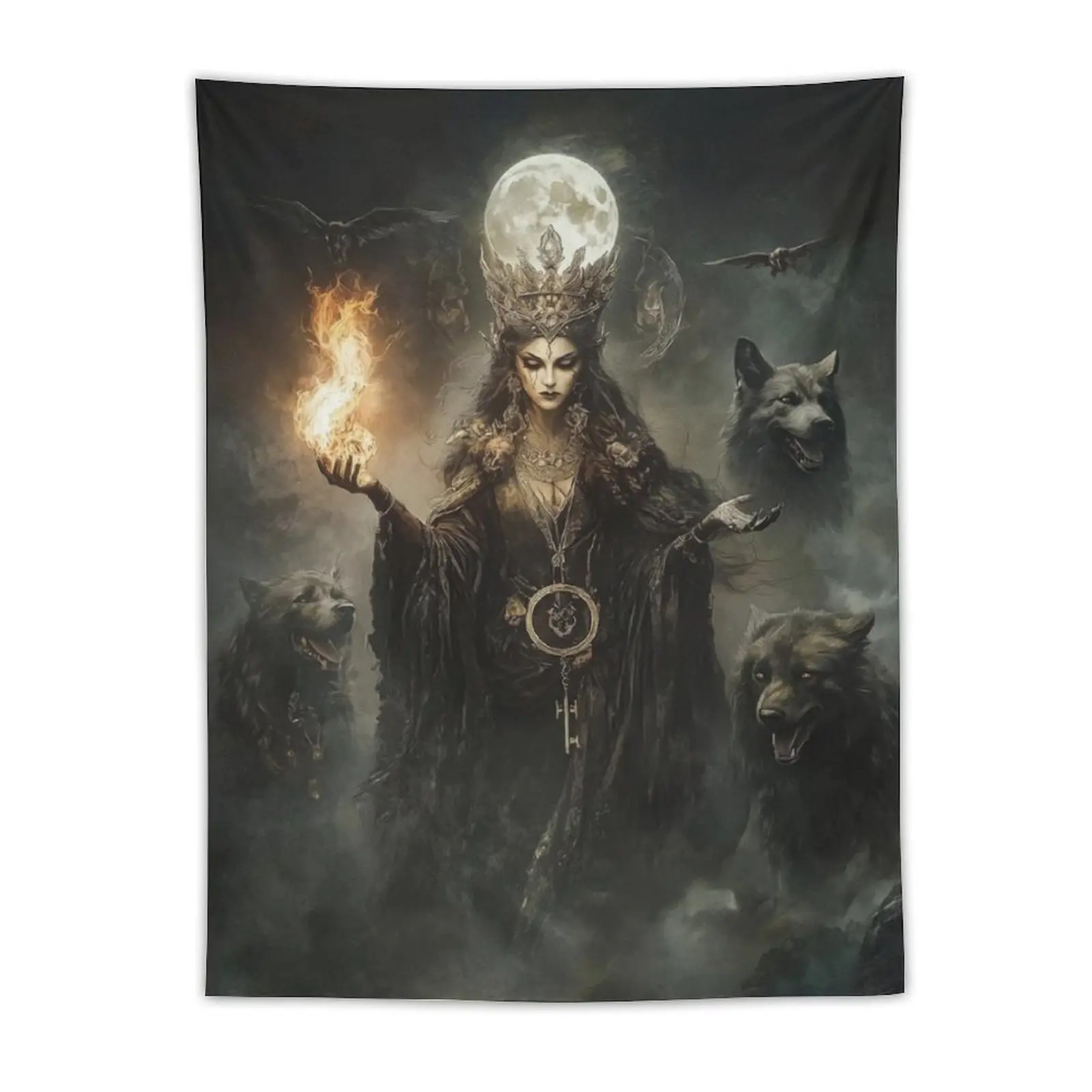 Dark Night Queen Tapestry, Fire Spirit and Wolves Wall Tapestry, Mystic Gothic Aesthetic Wall Hanging Decor, Anniversary Gift, Gift for Girlfriend, 60x40 Inches Wall Art Tapestry