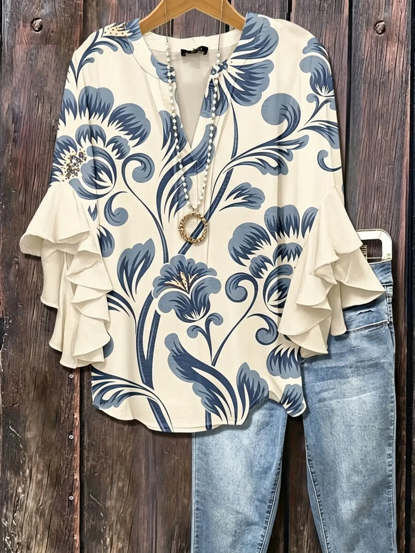 Women's Plus Size New Arrival Full Floral Print Casual Top Blouses, Lotus Sleeve Design, Chest Button, Button Front Design, Long Slim-Fitting, No Necklace Included