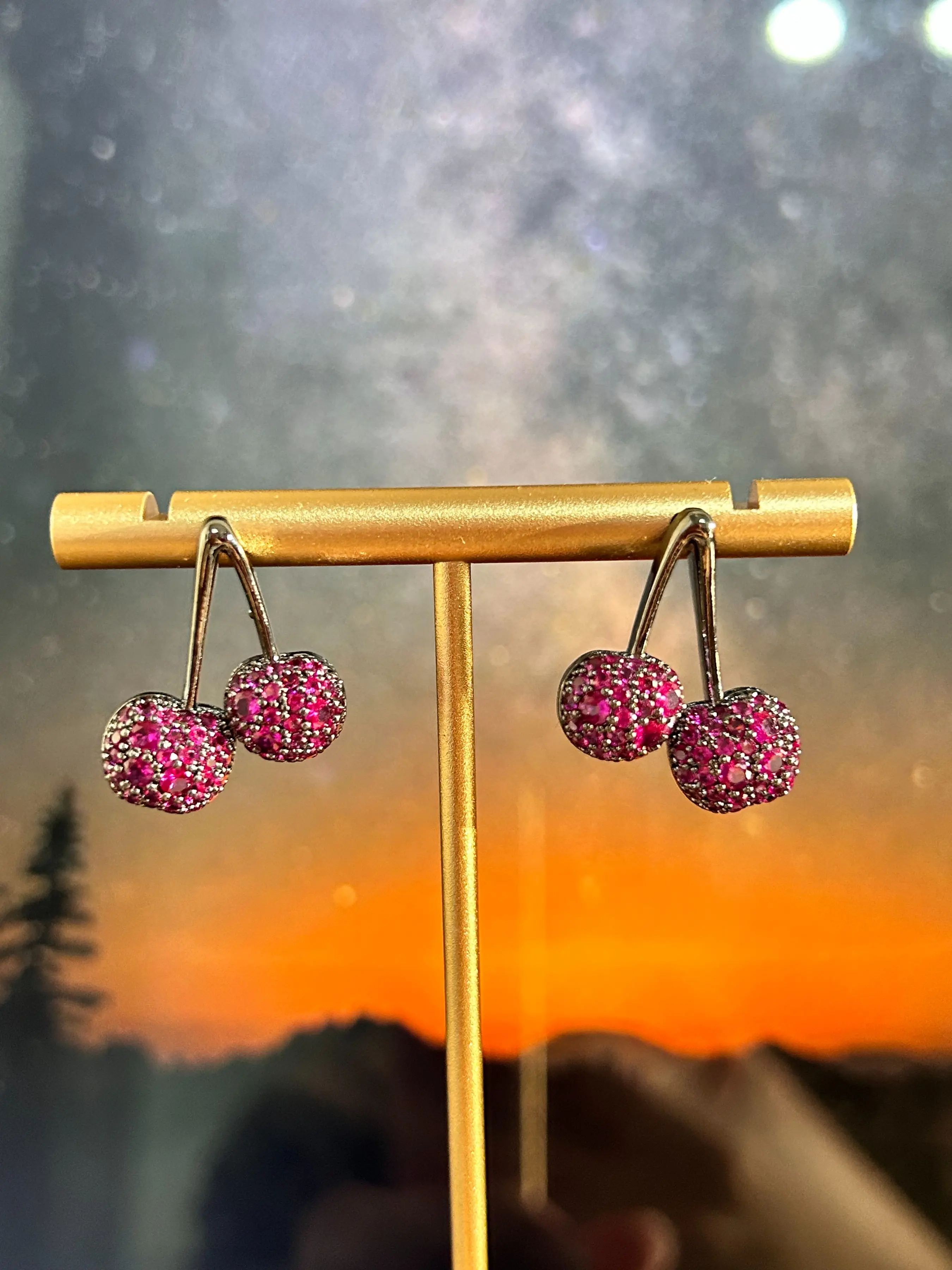 925 Silver Hypoallergenic Earrings, Copper Alloy Base, Sparkling Zircon Cherry Studs, Metal Plated Gold Setting, Ear Jewelry