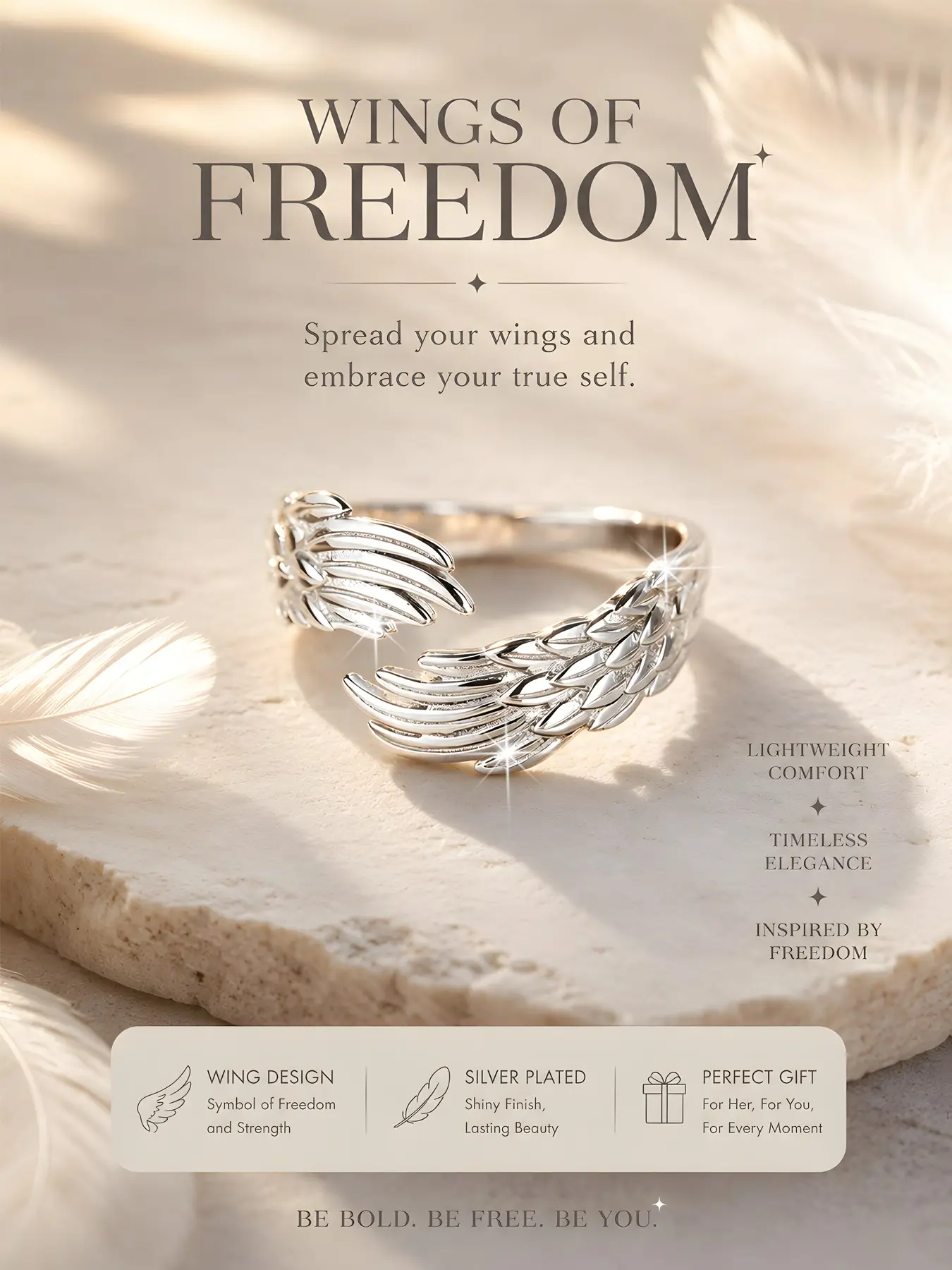 Unisex 925 Silver Plated Boho Angel Wing Ring, Adjustable Open Design, Nickel-Free, All-Season Fashion Jewelry, Perfect Gift, Adjustable Rings
