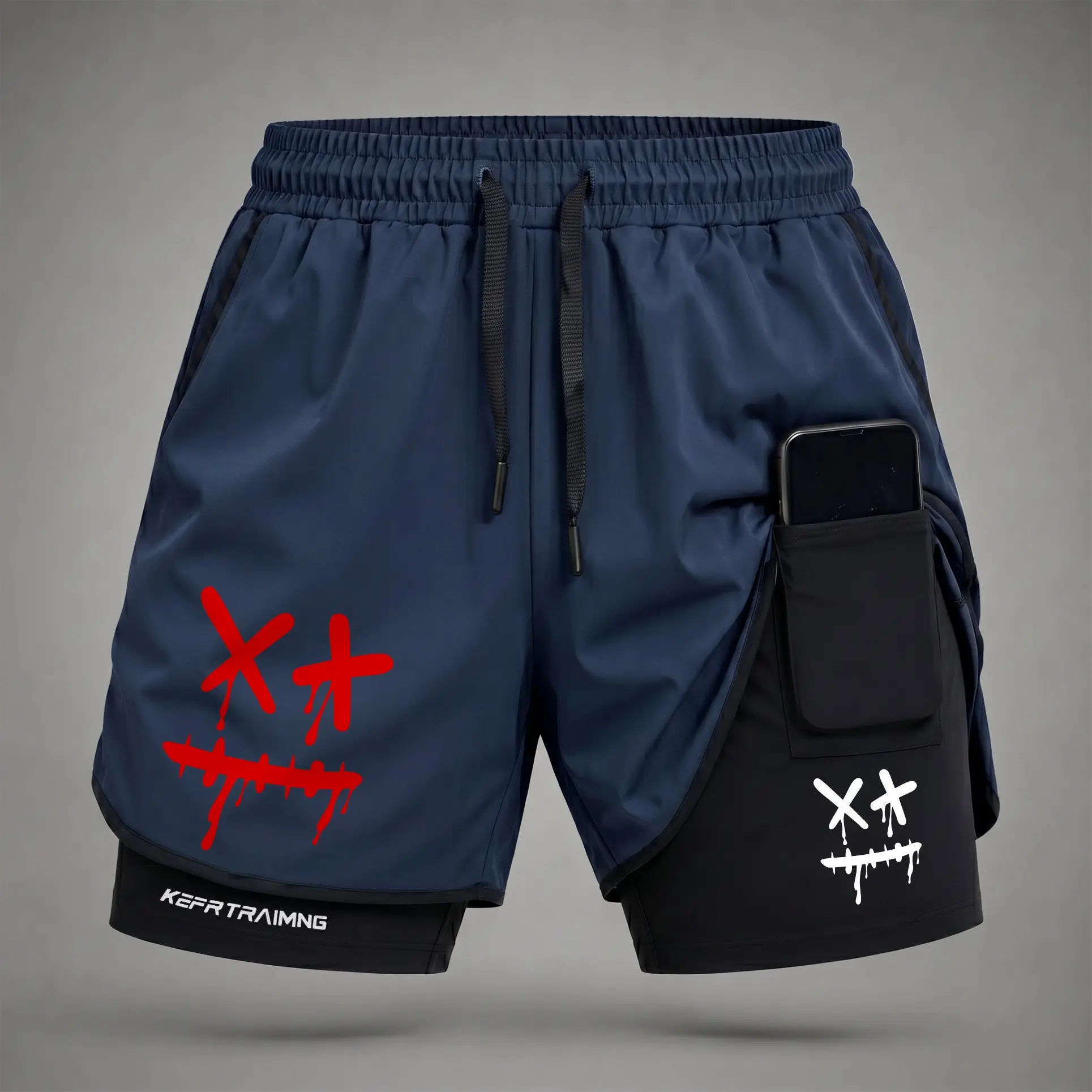 Men’s Graffiti Smile Face Graphic Print 2-in-1 Athletic Shorts, Built-in Compression Liner, Secure Inner Phone Pocket, Elastic Drawstring Waist, Quick-Dry Gym Running Training Shorts for Summer Daily Wear