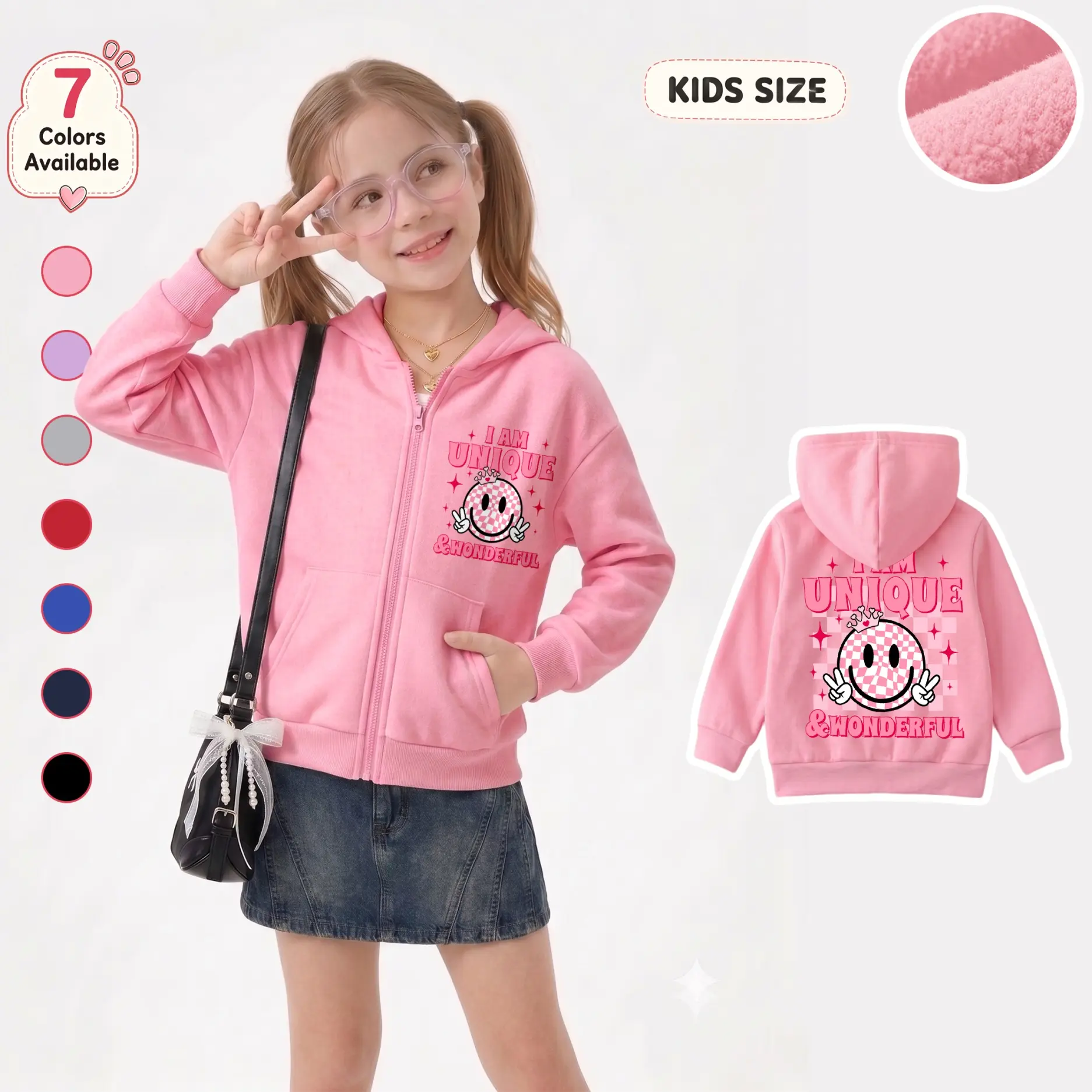 Girls’ Smiley Face Graphic Full-Zip Hoodie, Trendy I Am Unique & Wonderful Letter Print Hooded Jacket with Front Pockets for School, Family Trips, Outdoor Play and Weekend Activities