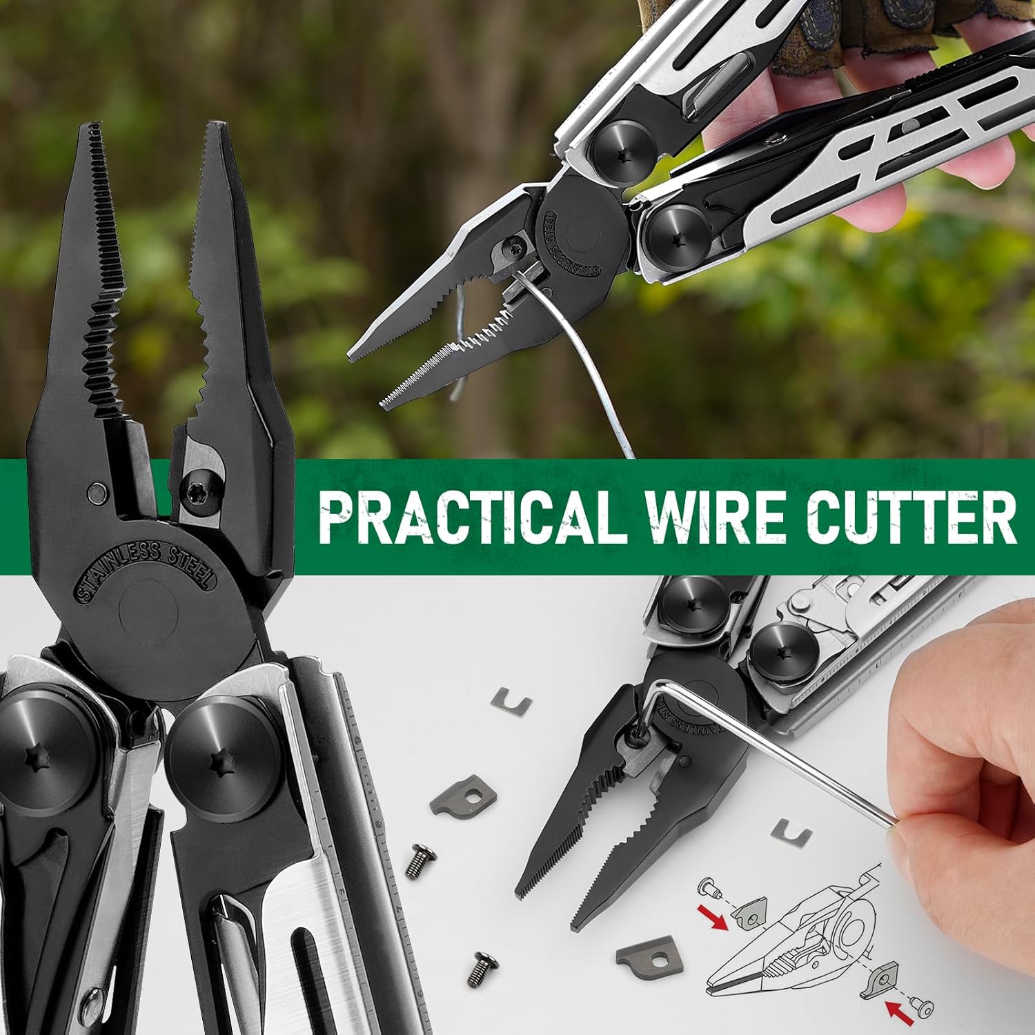 Multitool Pliers Pro BI2045, Foldable Multitools with Replaceable Wire Cutters and , Stainless Steel Multi Tool w/Upgraded  and  Set, Ideal for Camping, Hiking,