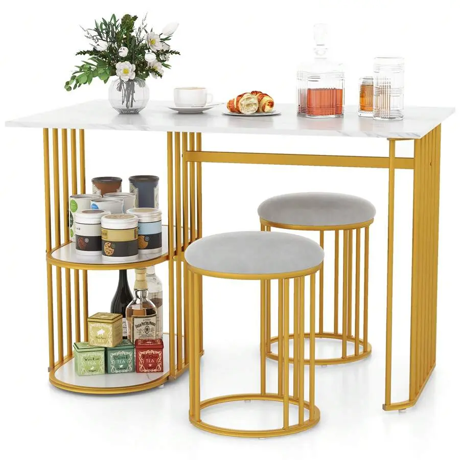 3 Piece Dining Table Set W/ 2 Stools 2-Tier Storage Shelf Upholstered Seat