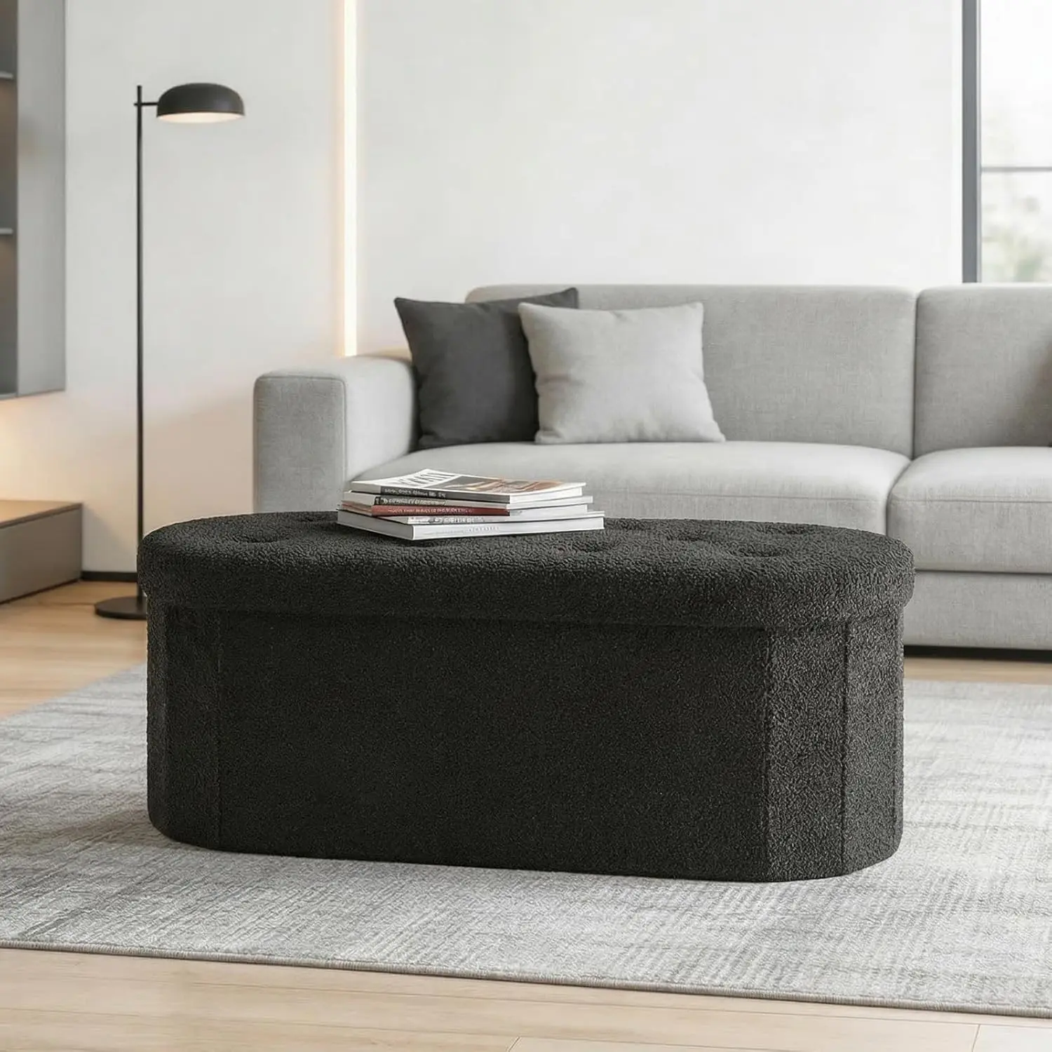 43-Inch Black Teddy Fabric Modern Ottoman Bench with Storage Space - Foldable Cushioned Footrest for Bedroom, Entryway Room Decor