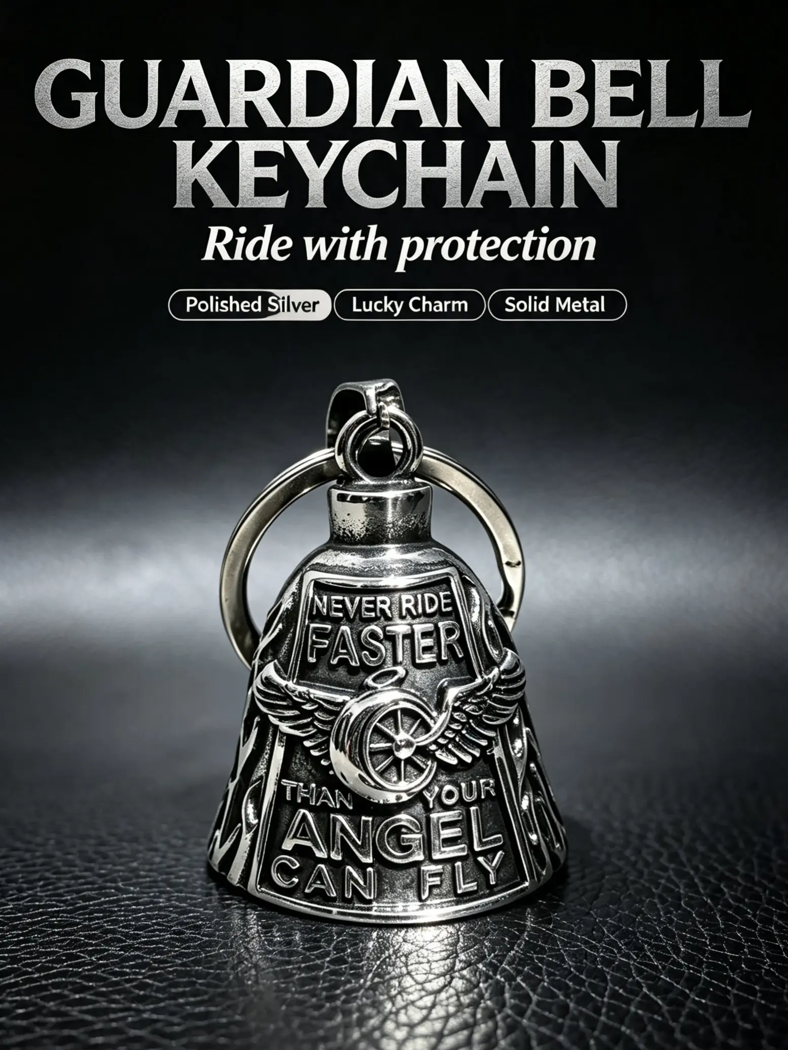 Never Ride Faster Guardian Bell Keychain | Angel Wing Wheel Biker Bell, Vintage Silver Motorcycle Rider Gift