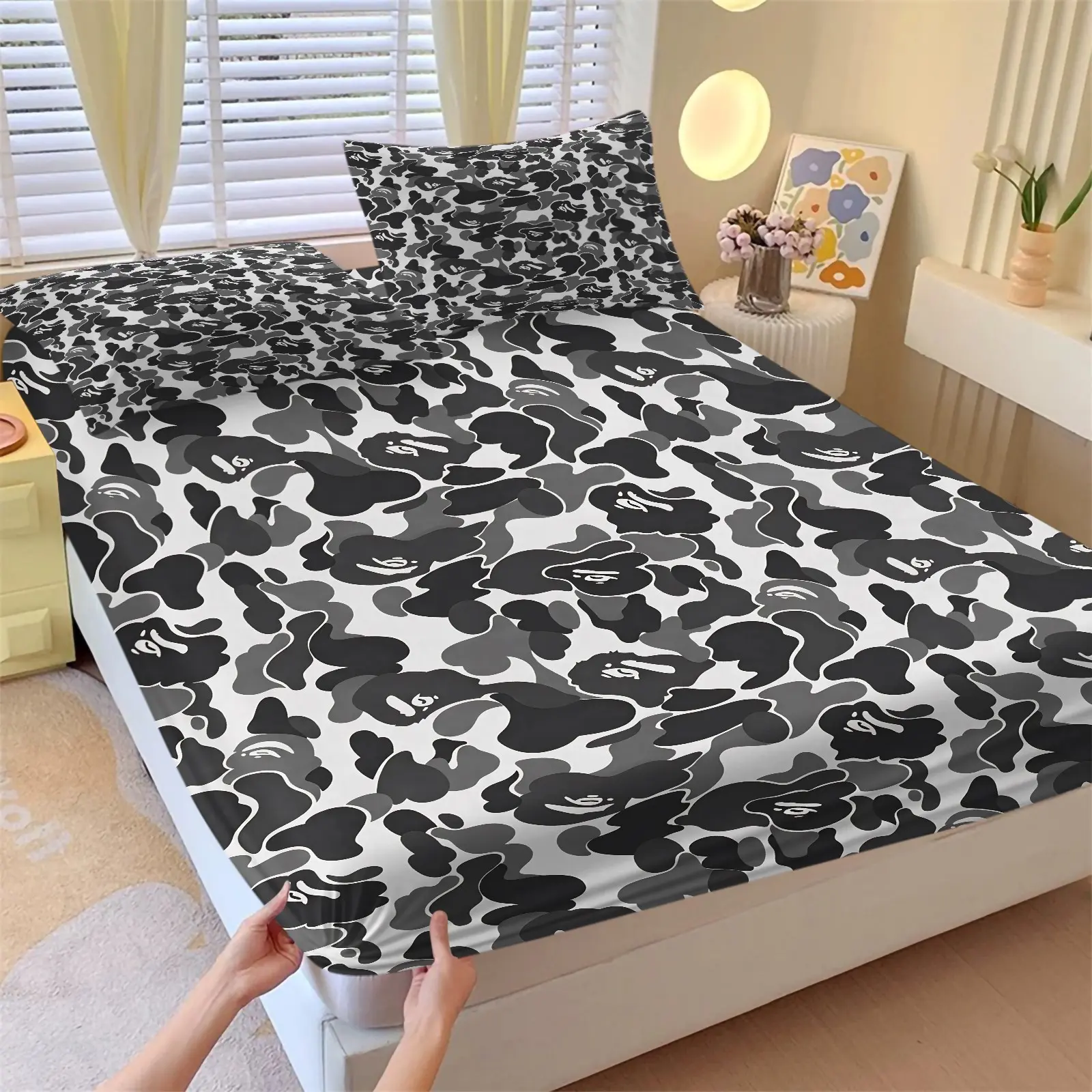 3Pcs Black and White Camouflage Animal Print Fitted Sheet Set-Soft Wrinkle-Resistant Bedding-Cartoon Ape Camo Texture Design-Ideal for Minimalist Bedroom, Street Trendy Dorm, Camo Lovers' Bedroom Decor