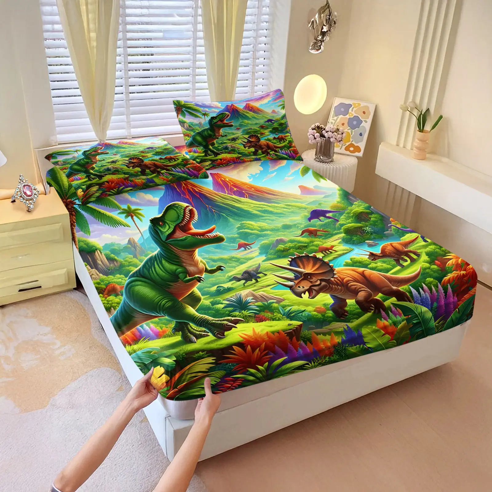3pcs Dinosaur World Printed Fitted Sheet Set, Vibrant Jurassic Theme Bedding Set, Soft Breathable Microfiber Bedspreads, Creative 3d Animal Print, 1 Fitted Sheet And 2 Pillowcases (Pillowcases Not Included) With Deep Pocket Design.For Kids Bedroom Decor