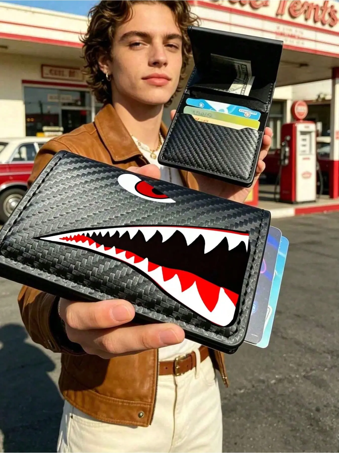 Shark Print RFID Blocking Slim Faux Leather Wallet for Men Teen Boys, Multi Card Slots Foldable Short Purse with Wrist Strap Keychain, Privacy Protection Compact Billfold, Gift for Birthday Christmas Graduation, Rfid Blocking Wallets