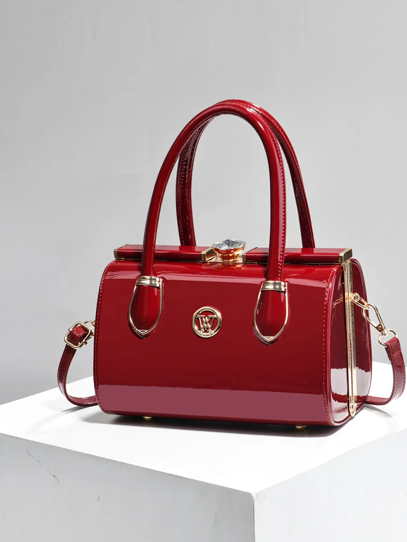Women's Glossy Leather Mini Crossbody Bag, Rhinestone Kiss Lock Top Handle Bag, Detachable Strap, Party & Wedding Accessory