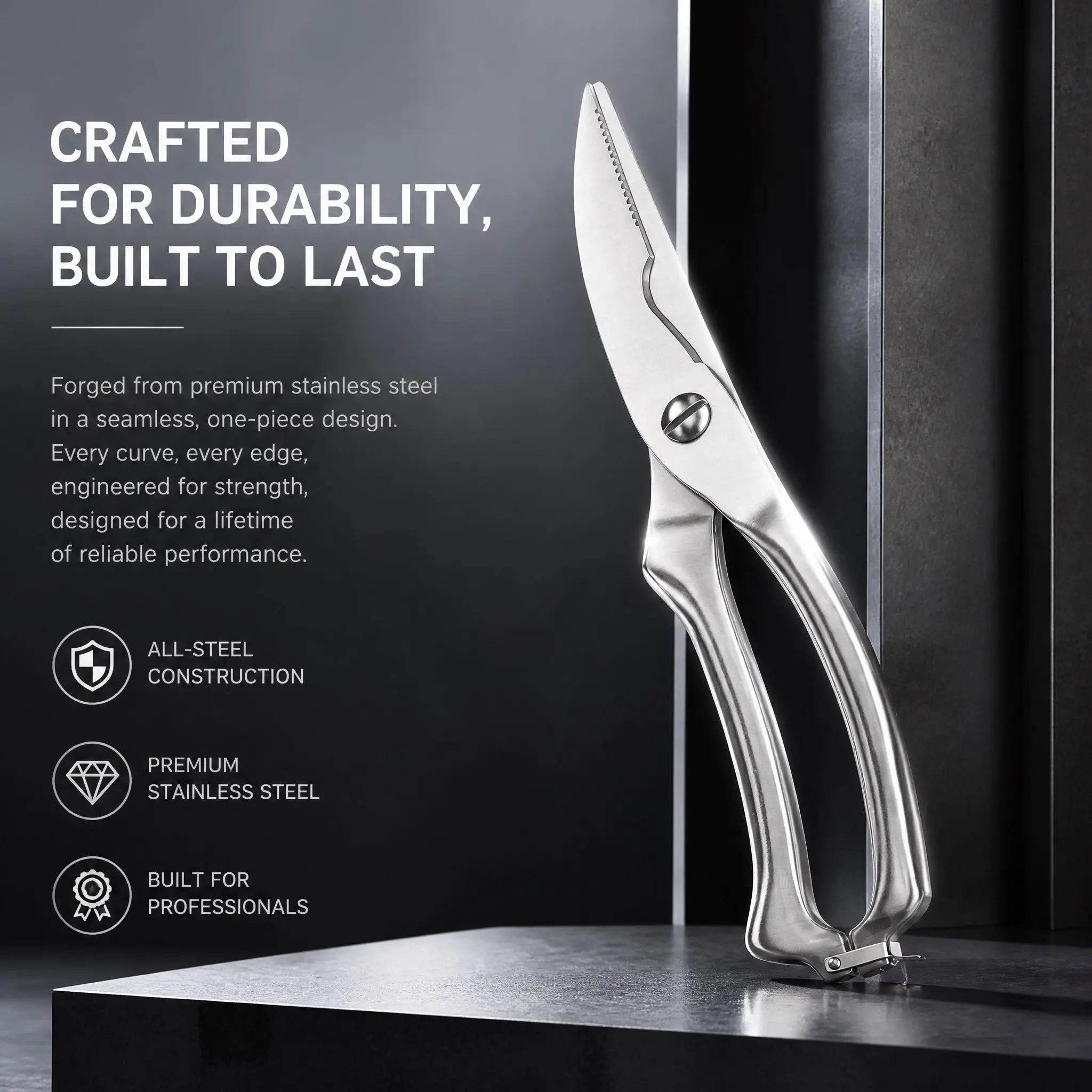 Durable Full Steel Kitchen Scissors, Toothed Blade, Safety Lock, Rust-Resistant, Multi-Functional, Ideal for Cooking & Food Prep