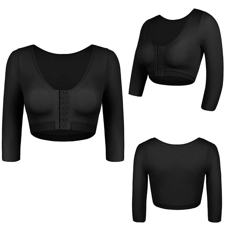 Women Arm Shaper Post Surgery Push Up Bra Compression Long Sleeves Corset Front Seamless Black Shapewear Womenswear Nylon Basic Crewneck Minimalist