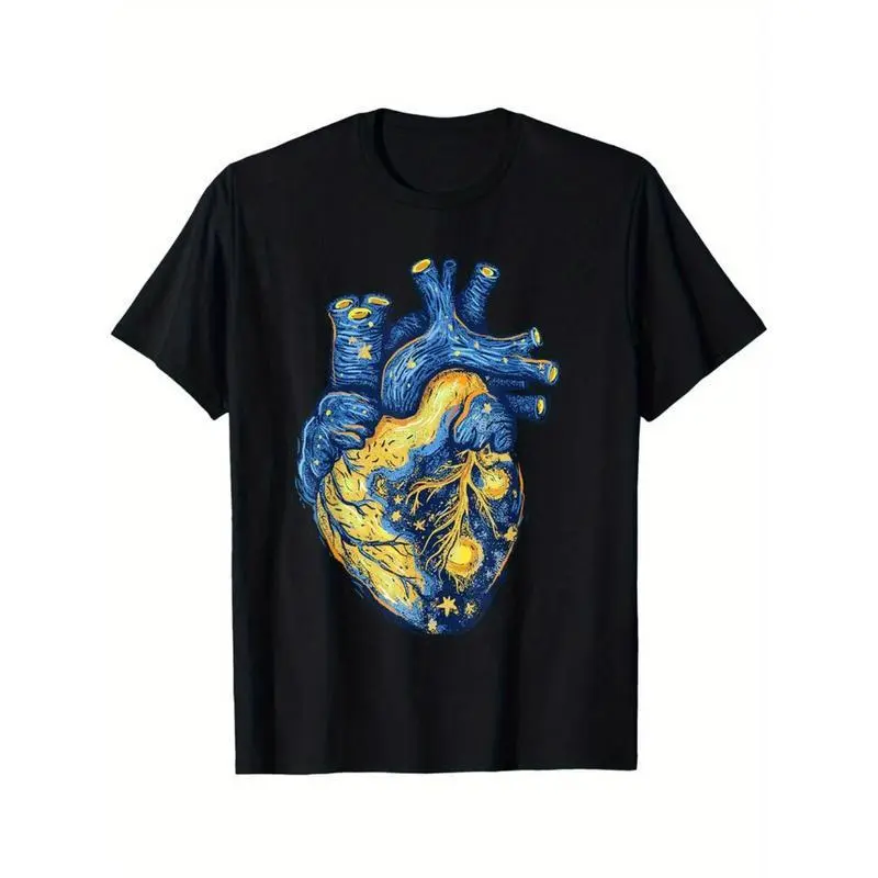 Fashion T shirt Van Gogh Shirt Starry Night Heart Painting Anatomical Heart T-Shirt Selected pure cotton interesting design DIY short sleeve t-shirt for men Top Casual