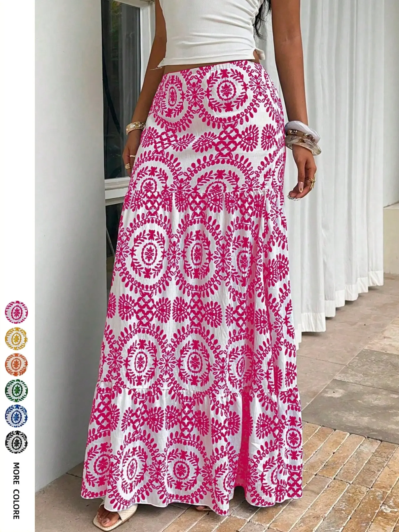 Bohemian Print High Waist Maxi Long Skirt for Women, Flowy Casual Skirt, Boho Vacation Style Slimming A-Line Printed Dress, Music Festival, Daily Wear, Boho Skirts