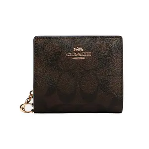 COACH Snap Wallet for Women – Monogram Fold-Over Coated Canvas and Leather Handbag in Dark Brown