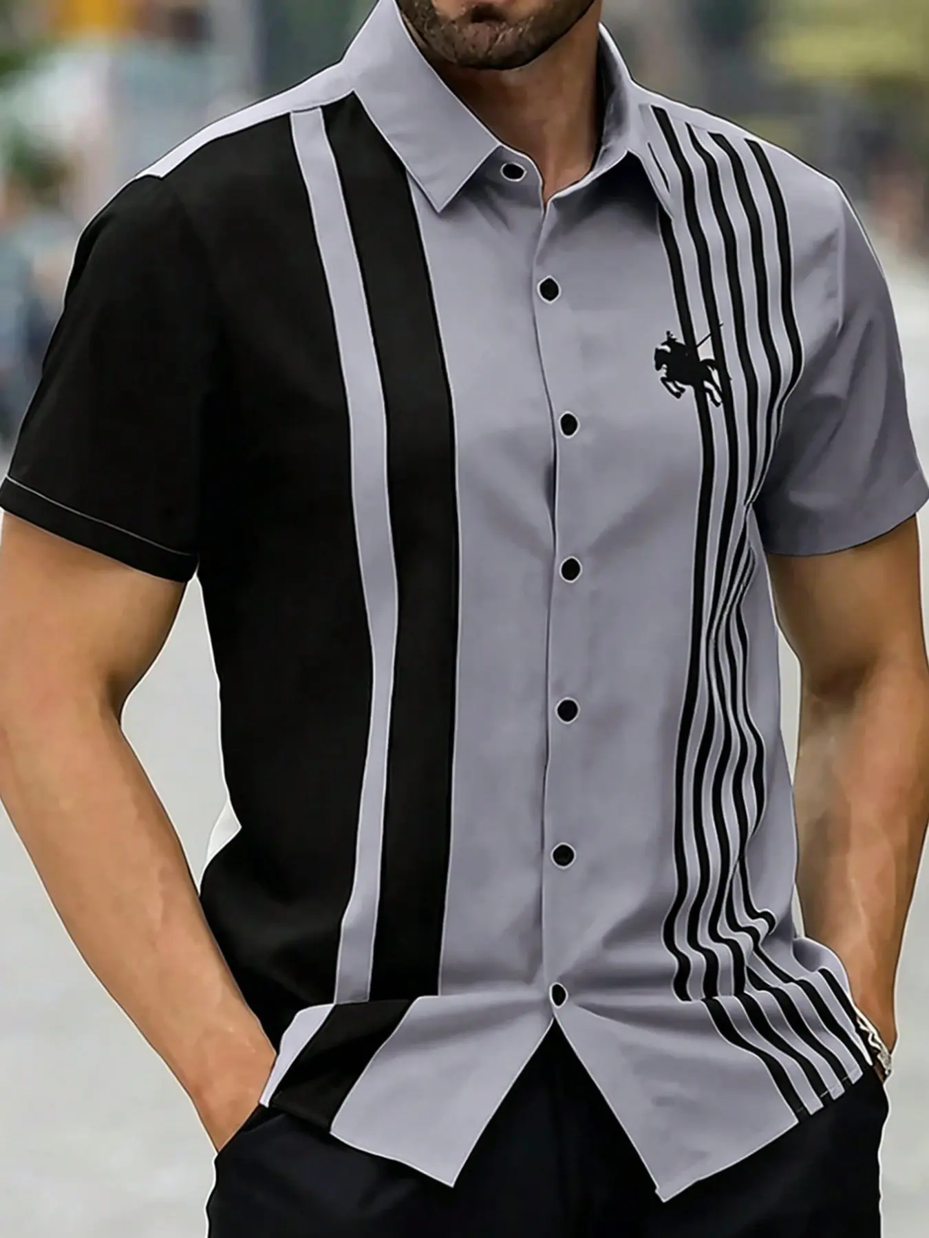 Summer Luxury Colorblock Vertical Stripe Patchwork Short Sleeve Shirt, Men's Unique Design Casual for Daily Wear, Office, Shopping