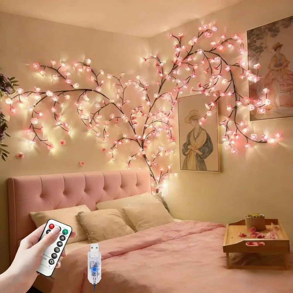 Cherry blossom lights for bedroom wall decoration, 4-foot 48-LED cherry blossom decorative lights, 2026 new model dimmable pink bedroom decorative lights, with remote control timer, 8 lighting modes, a romantic gift for her