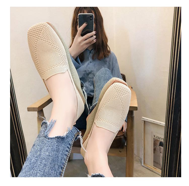 2026 Women's Breathable Knit Slip-On Flats |     Soft Sole Square Toe Boho Print Casual Walking Shoes