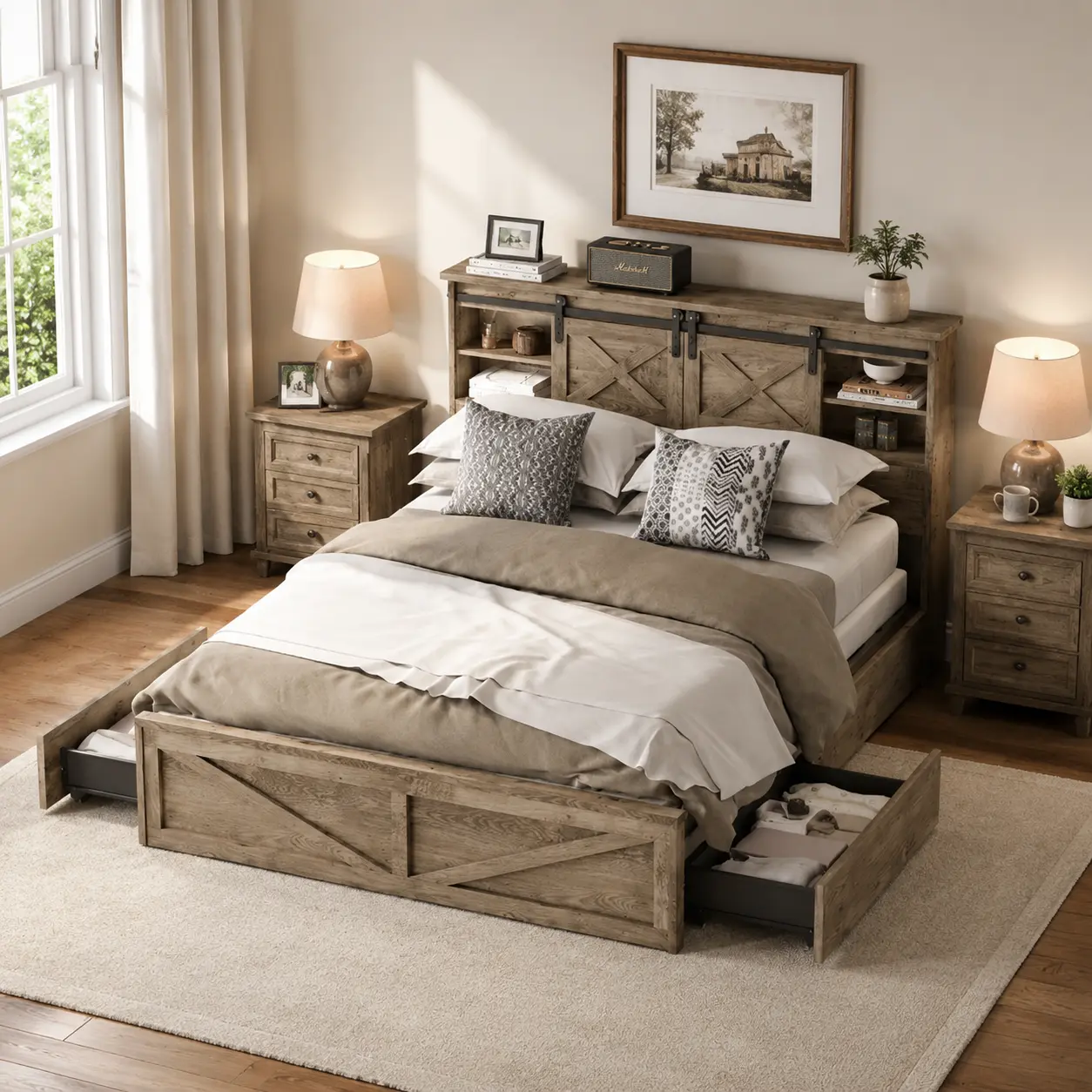 Farmhouse Bed Frame with LED Lights and Charging Station, Queen Bed Frame with Storage Headboard, Wooden Platform Bed with Sliding Barn Door Cabinets and 2 Underbed Storage Drawers, Rustic Bedroom Furniture, No Box Spring Needed