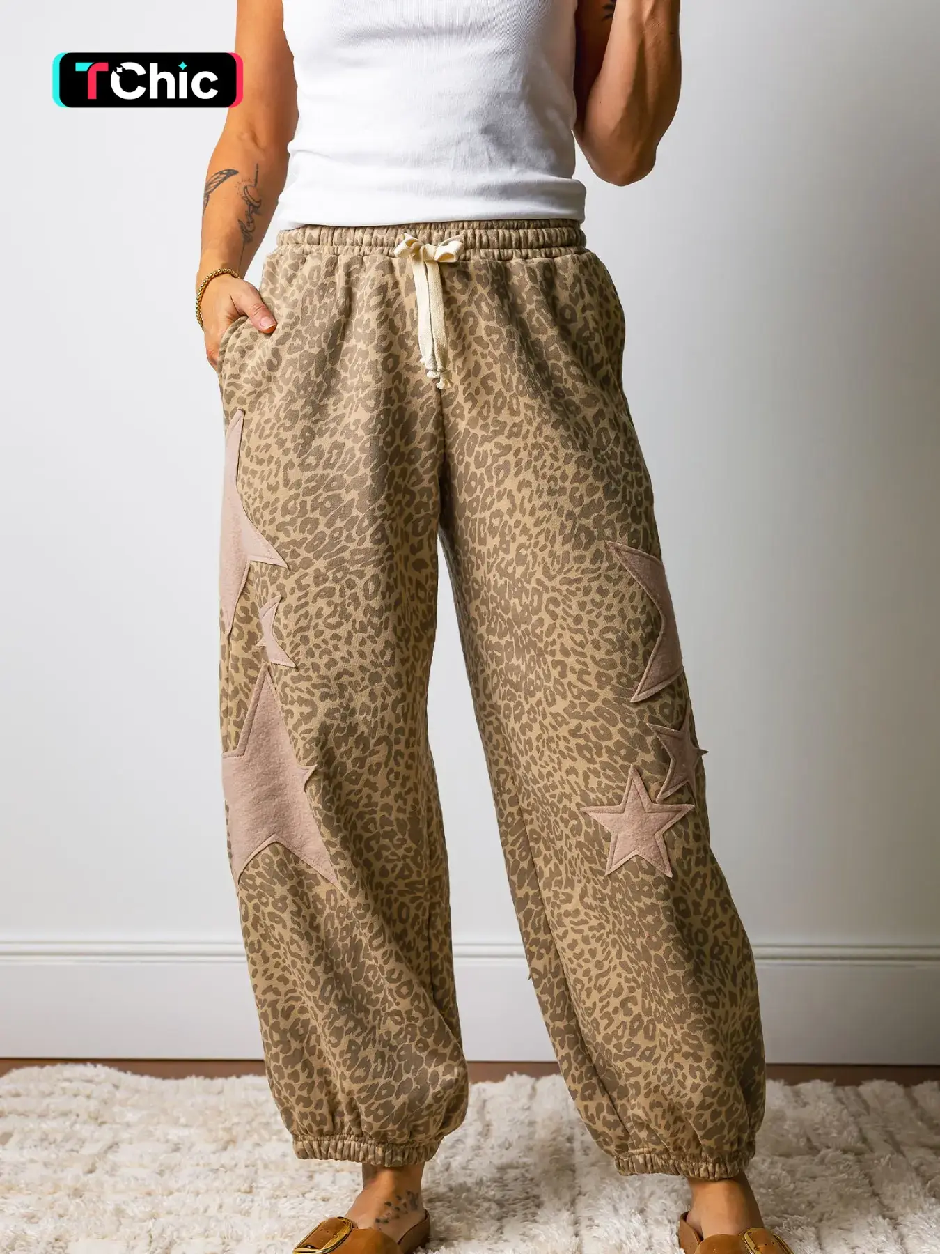 Summer Daily Wear Star Patch Loose Fit Mid-Waist Long Pants, Boho Style Casual, Comfortable and Stylish, Perfect for Casual Wear, Ideal for Warm Weather