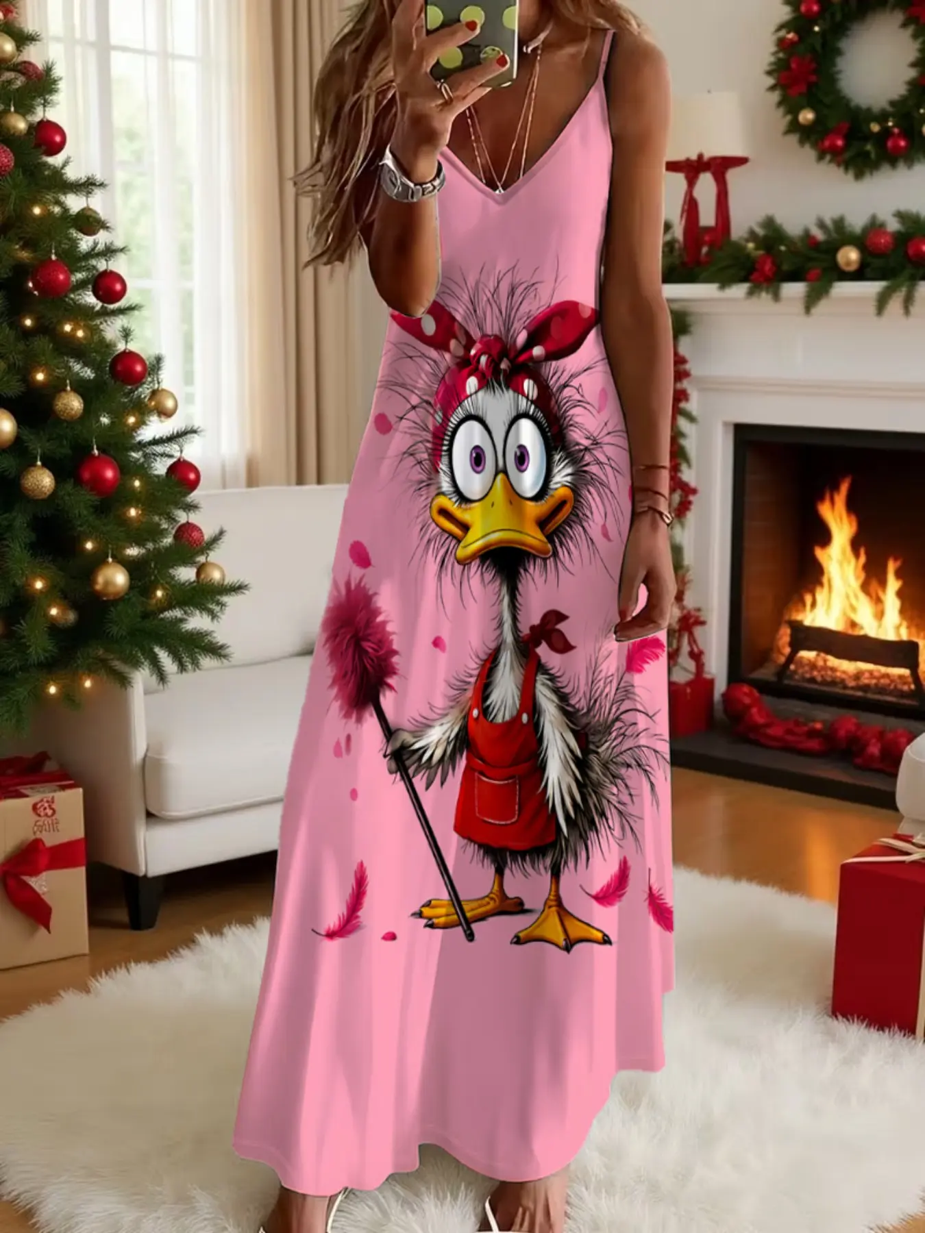 Funny Cartoon Duck Digital Print Halter Maxi Dress, Multi-Color Casual Home Beach Style Dress, Women's Summer Fashion Beach Sundress
