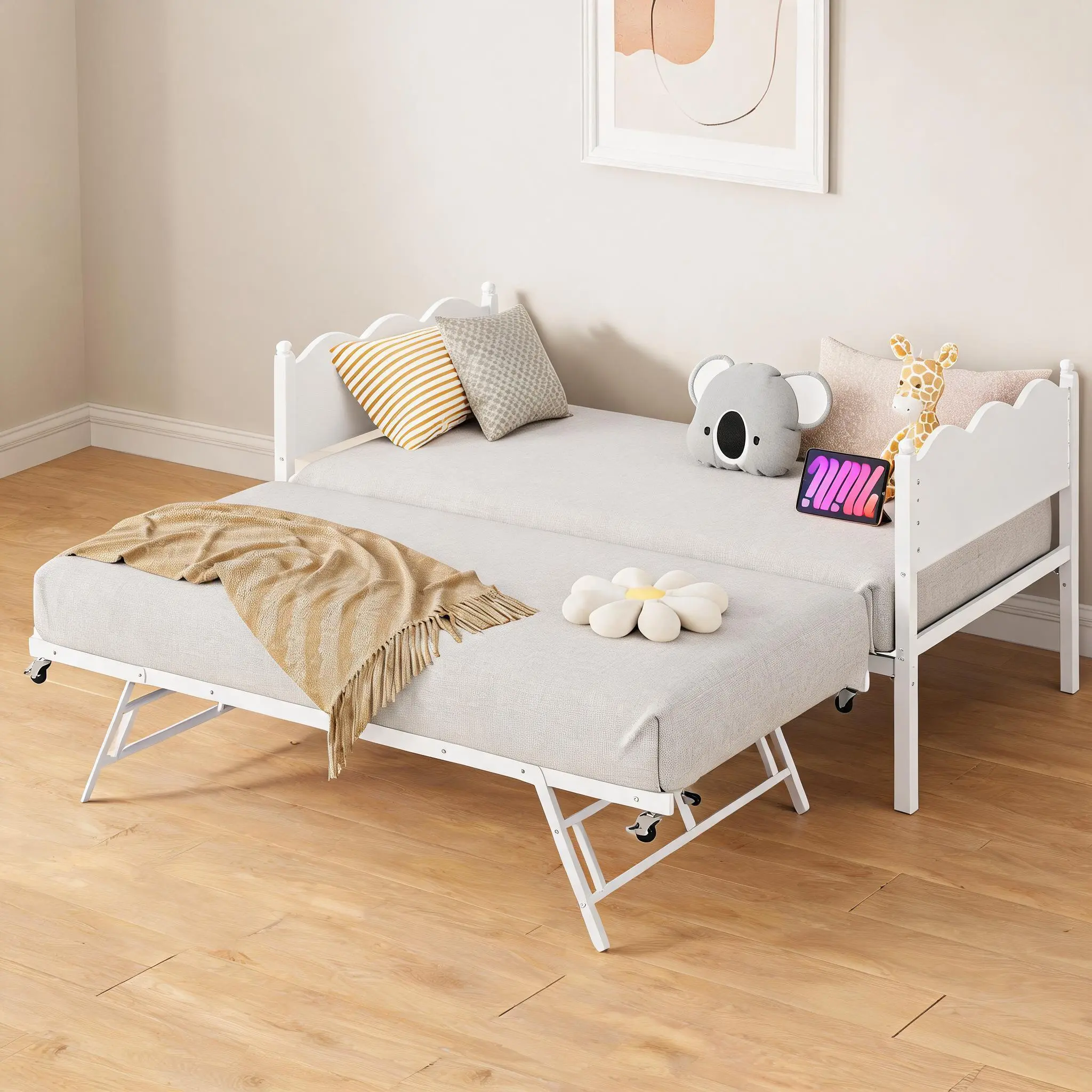 Twin Daybed with Trundle, Bed Frame with Wavy Wood Grain Headboard, Black Metal Steel Slats Support & 6 Lockable Casters, Space-Saving