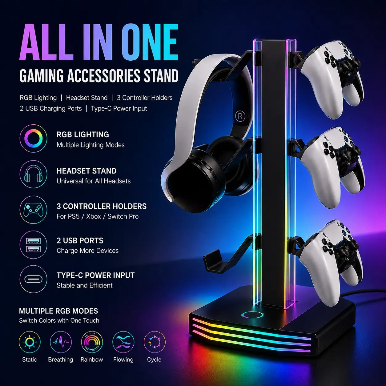 Headphone & Controller Stand with RGB Light, Rotatable Headset Stand, 9 Light Modes, 2 USB and Type-C Ports, Gaming Accessories