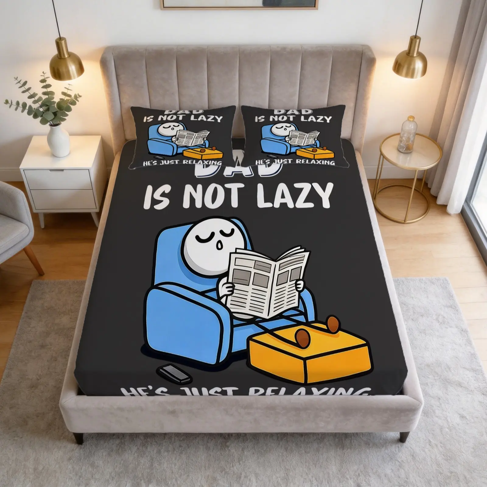 Fun Dad Is Not Sleeping, He's Just Relaxing His Eyes Printed Pattern Bedsheet Set, 1 Bedsheet With 2 Pillowcases (Excluding Pillowcases), Suitable For Bedrooms, Dormitories, And Guest Rooms, Suitable As a Gift And Decoration For Fathers