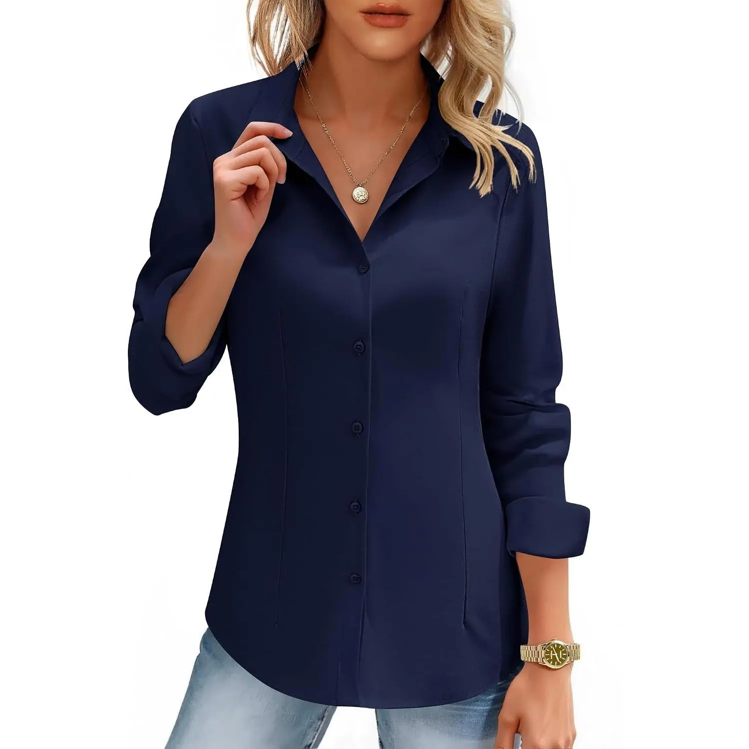 Women's Trendy Long Sleeve Button-Down Collared Shirt - Skinny Slim-Fitted, Chic Formal Work Blouse (Business, Dressy Casual Scenarios)