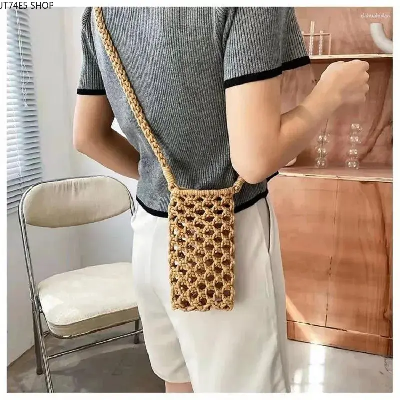 Korean Style Cotton Thread Woven Hollow Mini Crossbody Bag, Simple Casual Fashion Shoulder Phone Messenger Bag
