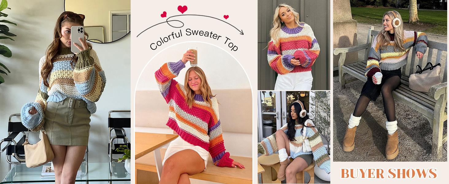 Saodimallsu Womens Color Block Sweater Striped Chunky Knit Cropped Sweaters Crewneck Fall Long Sleeve Loose Pullover Tops